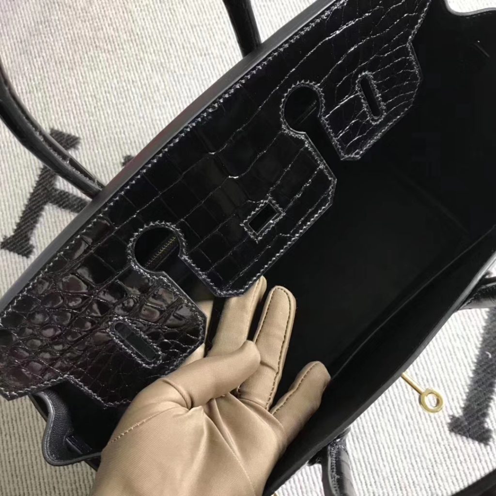 Luxury Hermes Black Shiny Crocodile Birkin30CM Tote Bag Gold Hardware