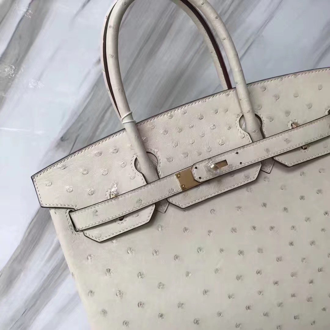 Stock Wholesale Hermes 3C Wool White KK Ostrich Birkin30CM Bag Gold Hardware