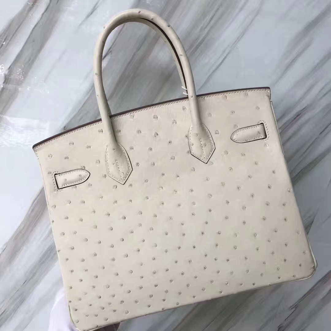 Stock Wholesale Hermes 3C Wool White KK Ostrich Birkin30CM Bag Gold Hardware