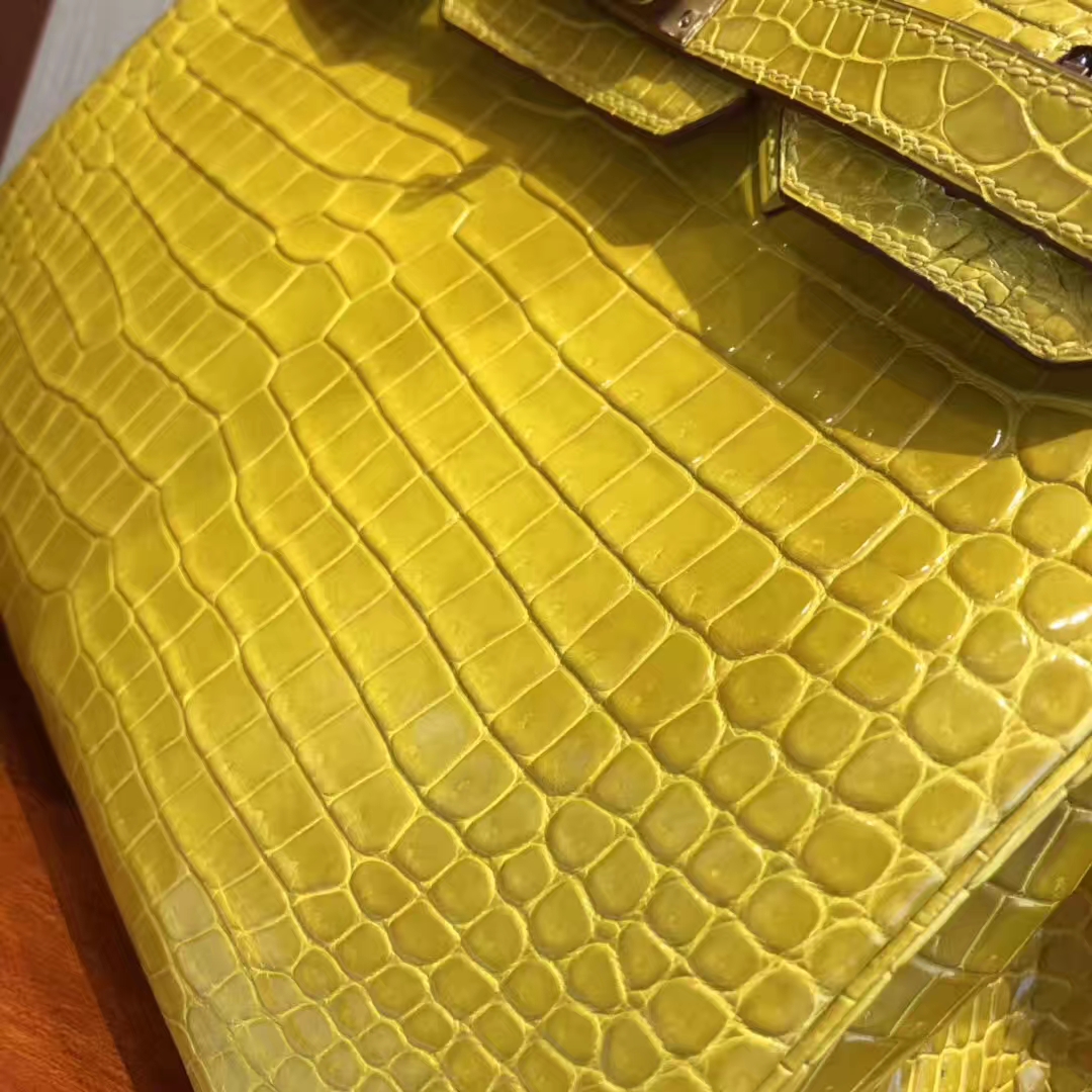 Stock Hermes 9D Ambre Shiny Crocodile Leather Birkin30CM Bag Gold Hardware