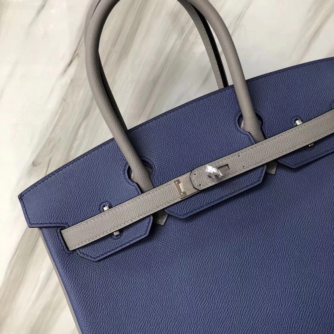 Stock Hermes 7E Blue Brighton/4Z Gris Mouette Epsom Calf Birkin Bag30CM Silver Hardware