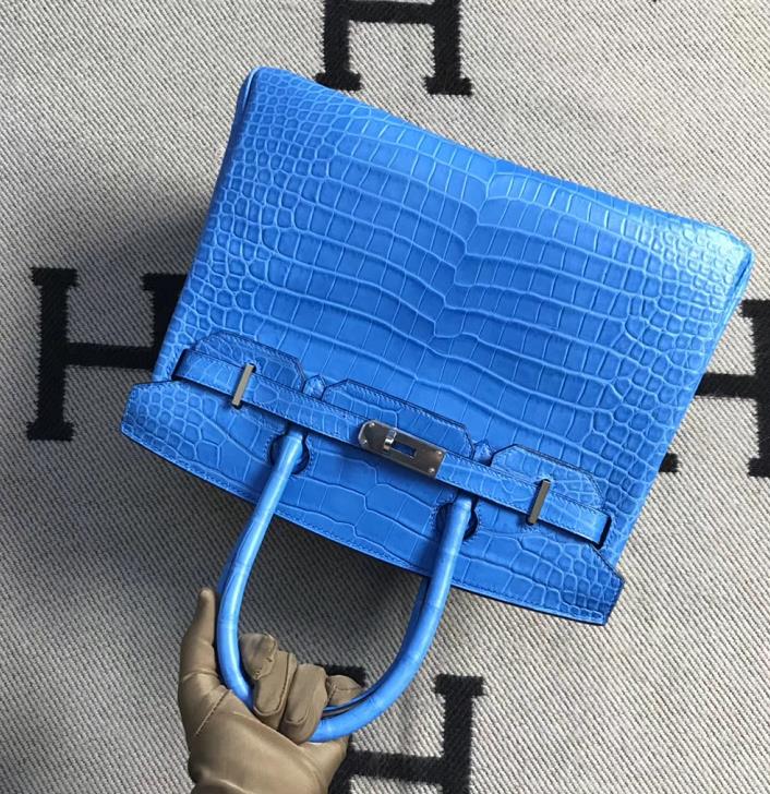 Stock Noble Hermes Blue Sky Matt Crocodile Birkin Bag30CM Silver Hardware