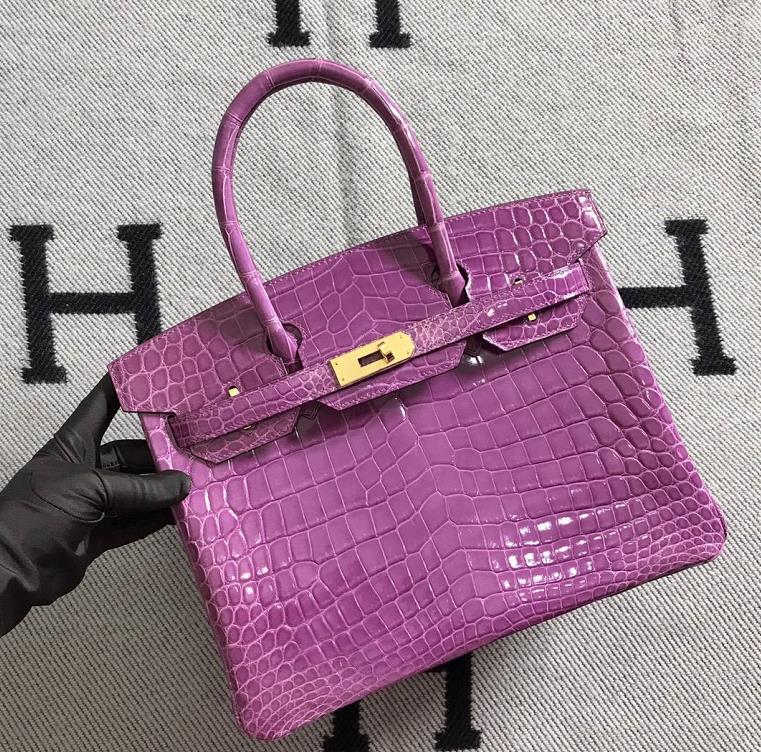 Stock Hermes Shiny Crocodile Birkin Bag30CM in Lavender Purple Gold Hardware