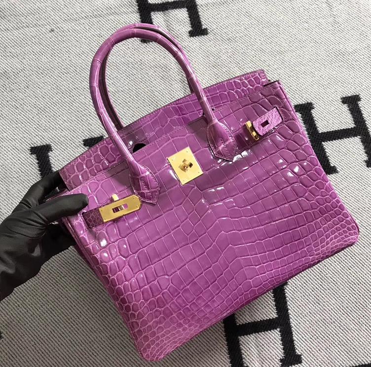 Stock Hermes Shiny Crocodile Birkin Bag30CM in Lavender Purple Gold Hardware