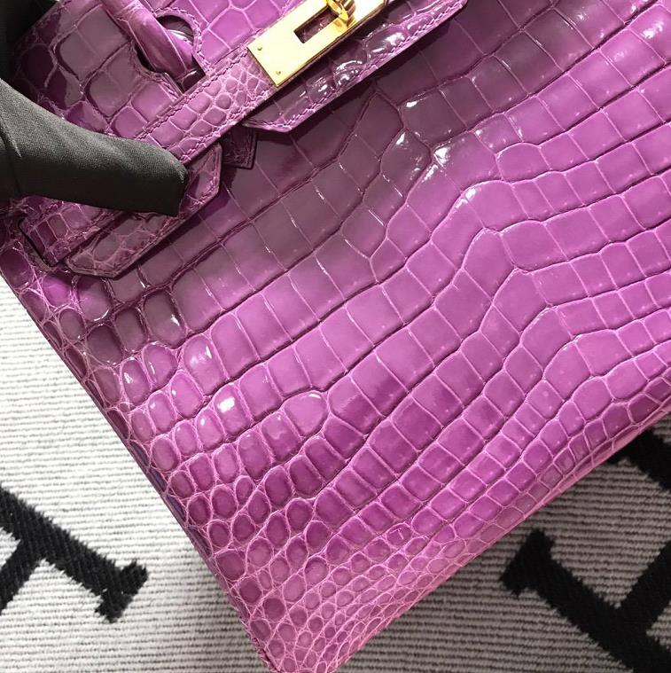 Stock Hermes Shiny Crocodile Birkin Bag30CM in Lavender Purple Gold Hardware