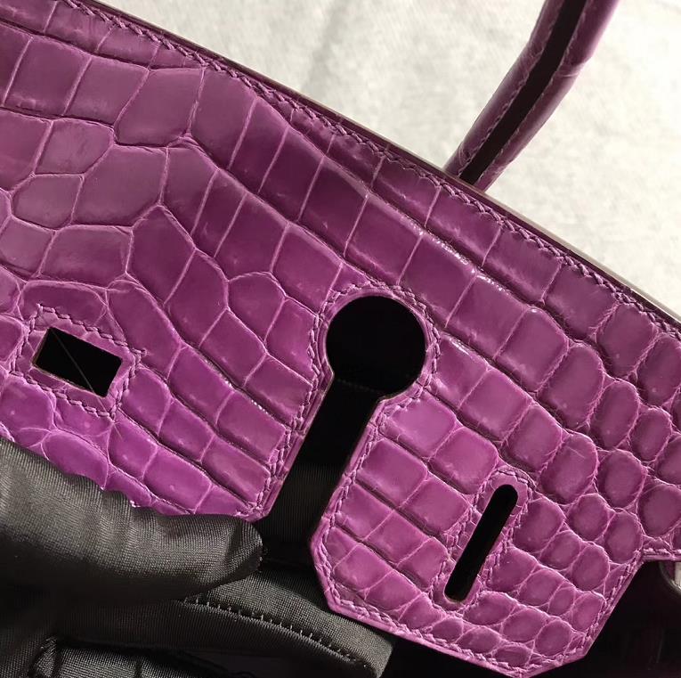 Stock Hermes Shiny Crocodile Birkin Bag30CM in Lavender Purple Gold Hardware