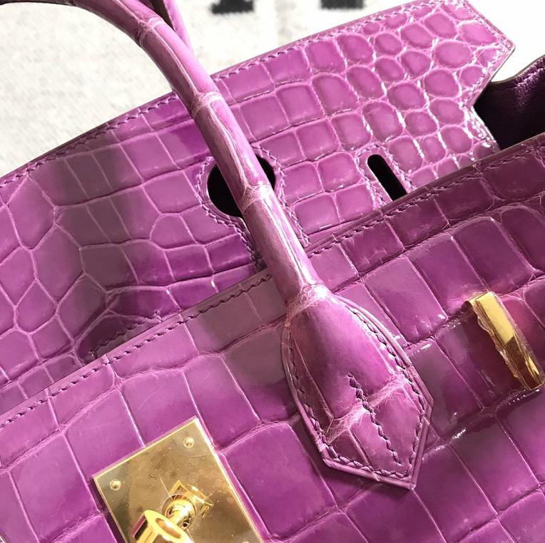 Stock Hermes Shiny Crocodile Birkin Bag30CM in Lavender Purple Gold Hardware