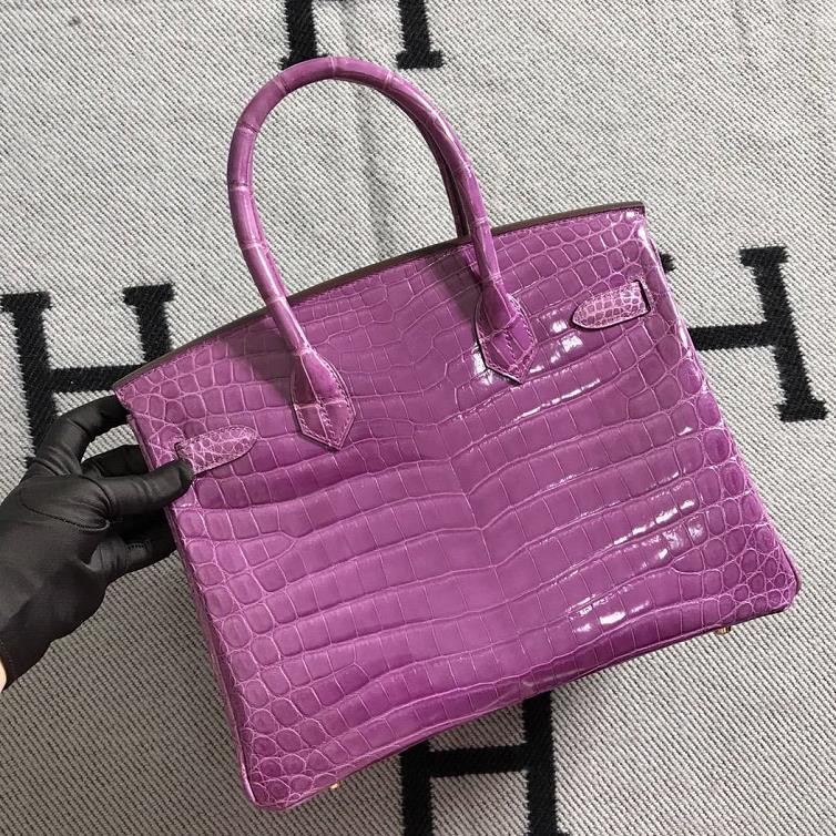 Stock Hermes Shiny Crocodile Birkin Bag30CM in Lavender Purple Gold Hardware