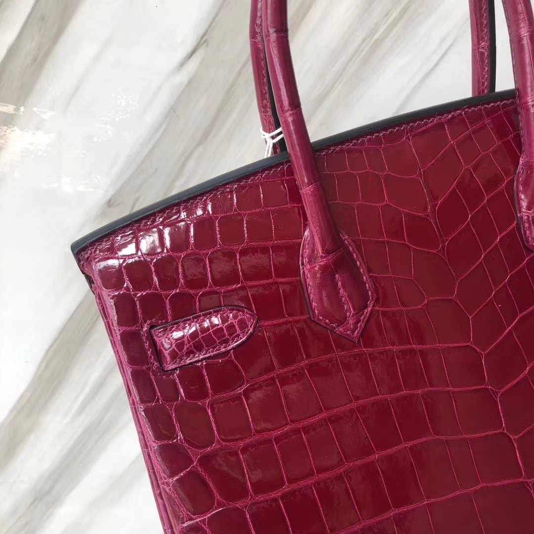 Stock Hermes N5 Cassis Purple Shiny Crocodile Birkin30CM Bag Gold Hardware
