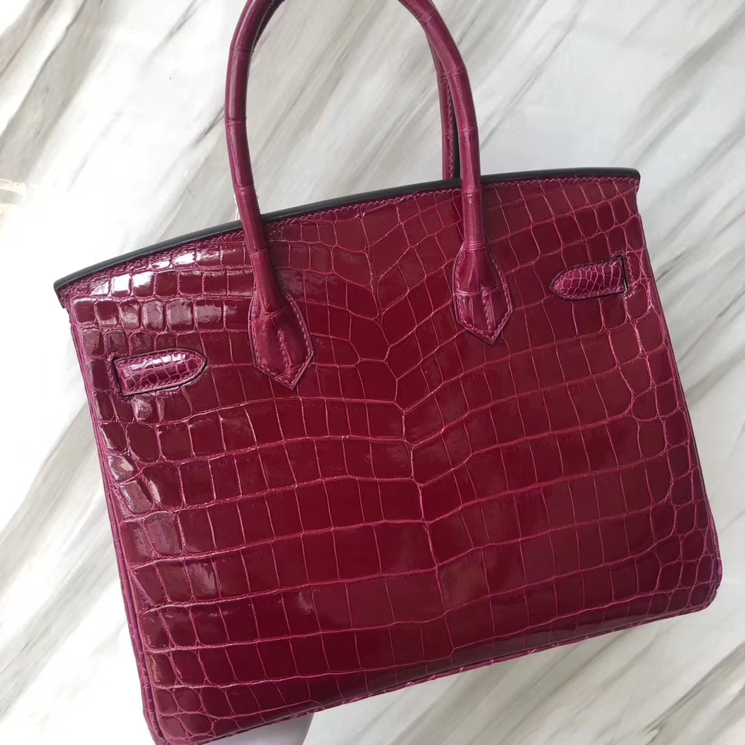 Stock Hermes N5 Cassis Purple Shiny Crocodile Birkin30CM Bag Gold Hardware