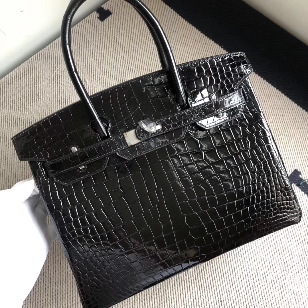 Stock Hermes Shiny Crocodile Birkin Bag30CM in CK89 Noir Silver Hardware