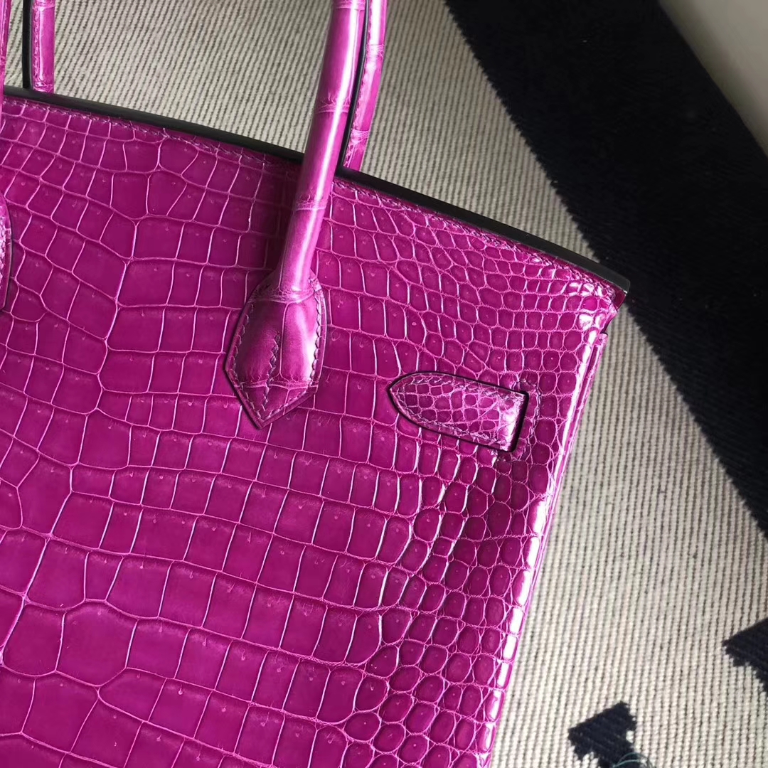 Stock Hermes J5 Rose Scheherazade Shiny Crocodile Birkin30CM Bag Gold Hardware