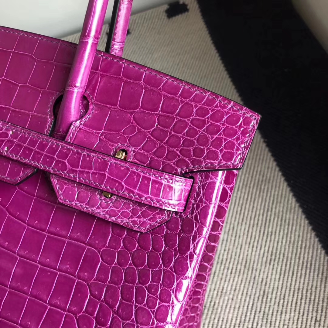 Stock Hermes J5 Rose Scheherazade Shiny Crocodile Birkin30CM Bag Gold Hardware