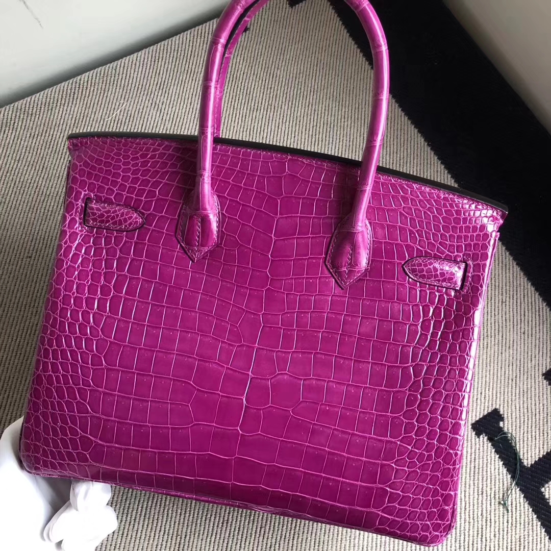 Stock Hermes J5 Rose Scheherazade Shiny Crocodile Birkin30CM Bag Gold Hardware