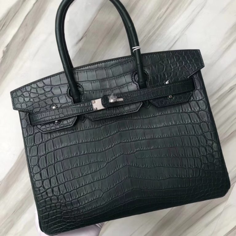 Hermes 1T Vert Tipien Matt Crocodile Birkin Bag 30CM Silver Hardware