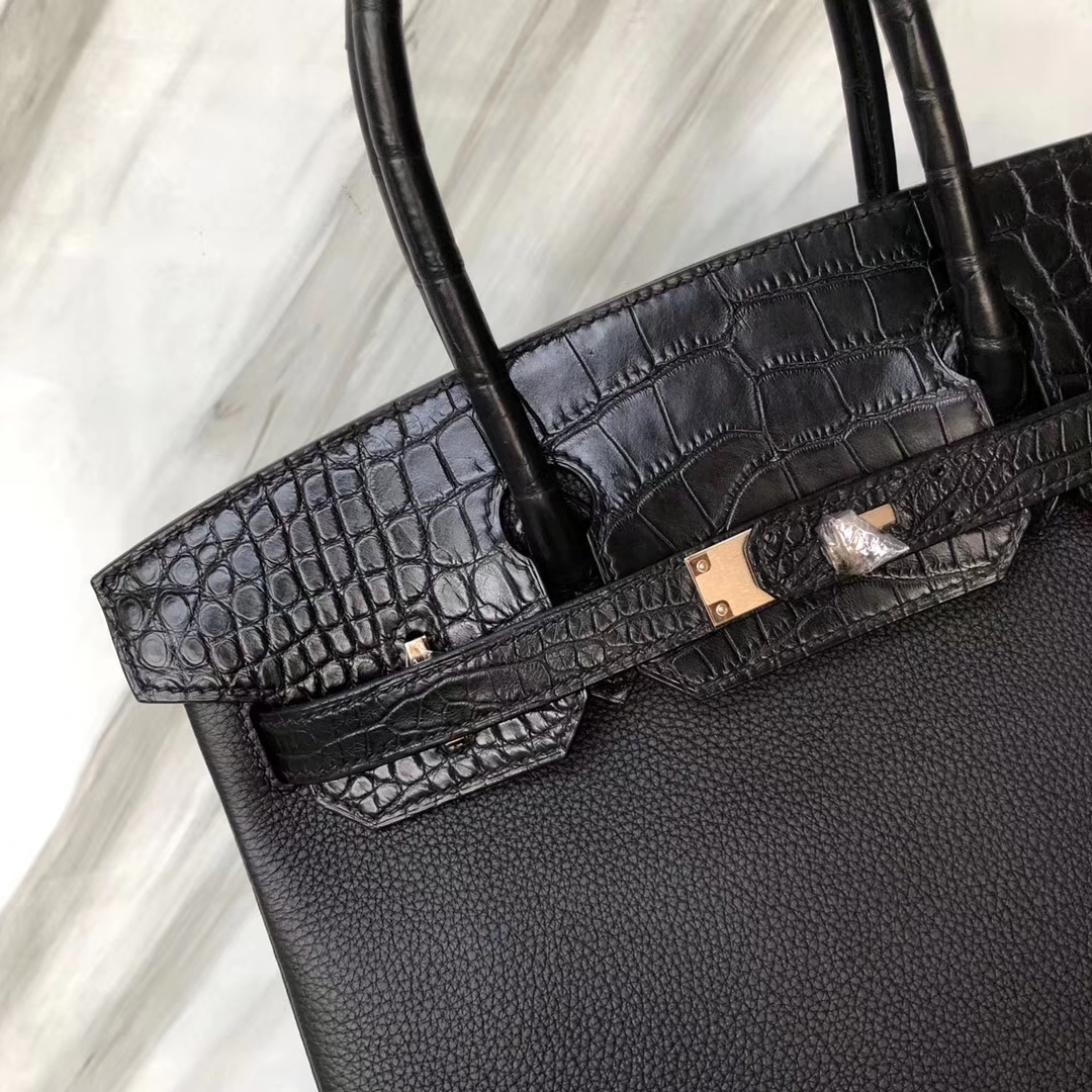 Customization Hermes CK89 Noir Crocodile/Togo Leather Birkin Bag30CM Rose Gold Hardware