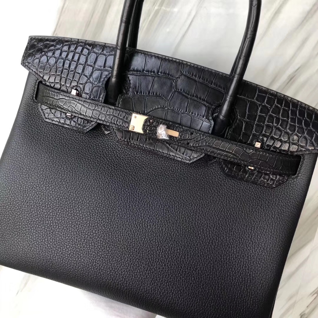 Customization Hermes CK89 Noir Crocodile/Togo Leather Birkin Bag30CM Rose Gold Hardware