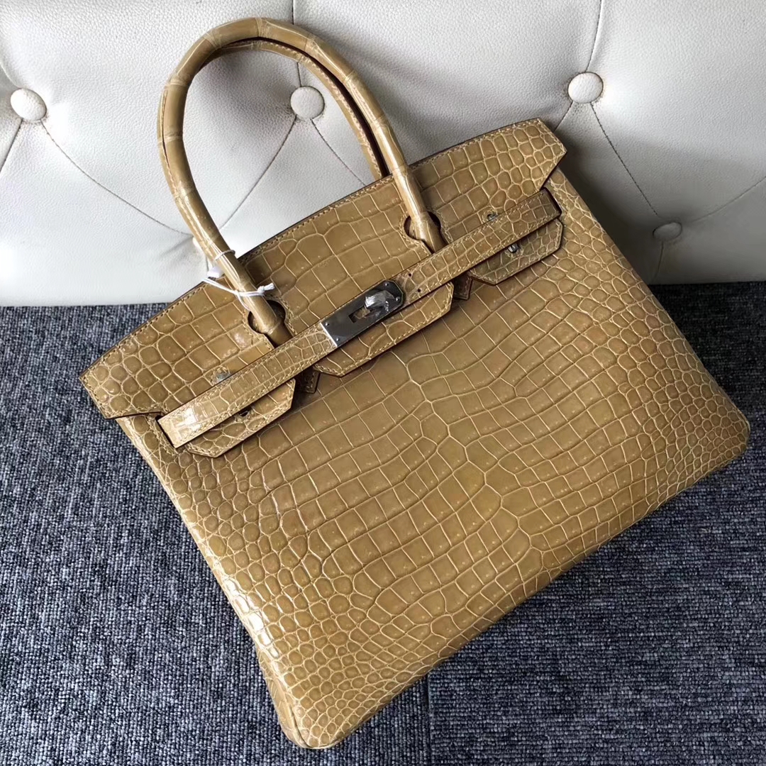 Stock Wholesale Hermes 1C Beige Shiny Crocodile Birkin Bag30CM Silver Hardware