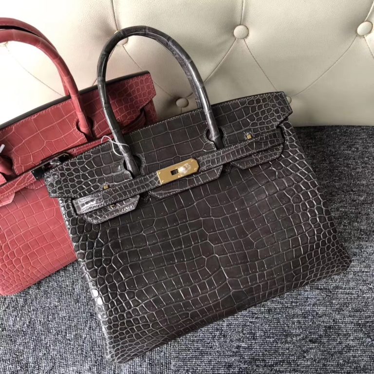 Hermes CK88 Gris Graphite Porosus Shiny Crocodile Birkin 30cm Bag Gold Hardware