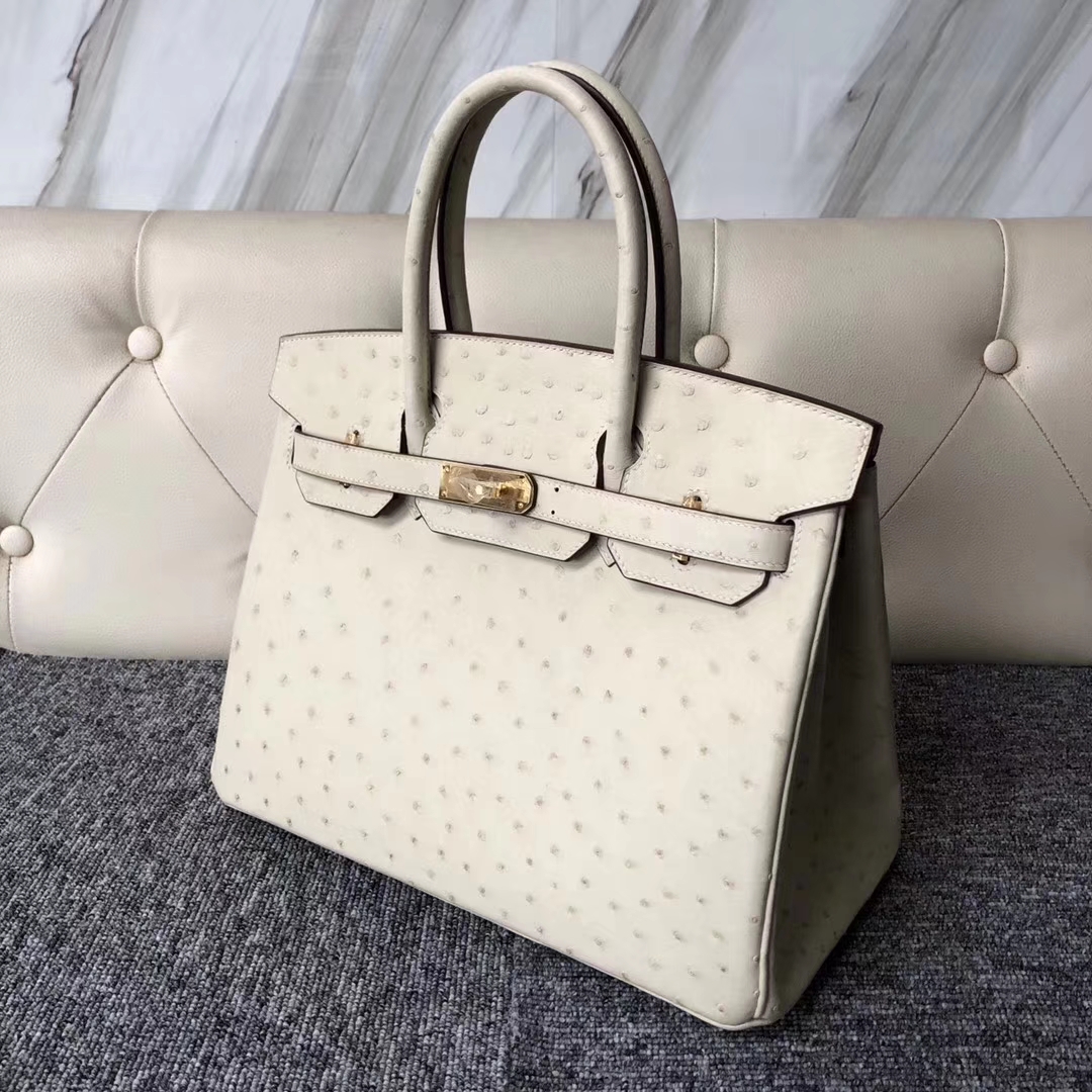 Stock Hermes 3C Wool White Ostrich Leather Birkin30CM Bag Gold Hardware