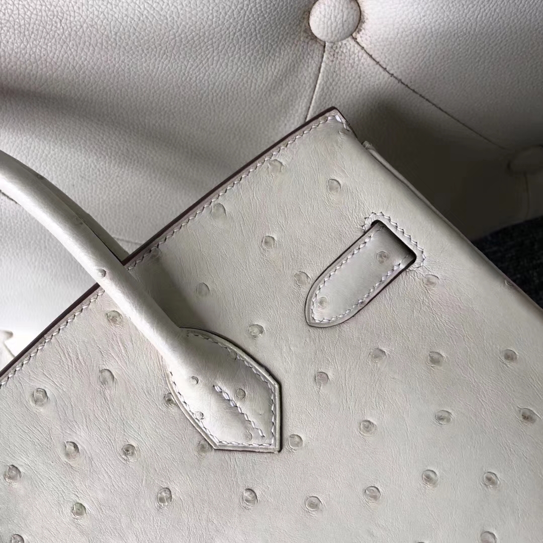 Stock Hermes 3C Wool White Ostrich Leather Birkin30CM Bag Gold Hardware