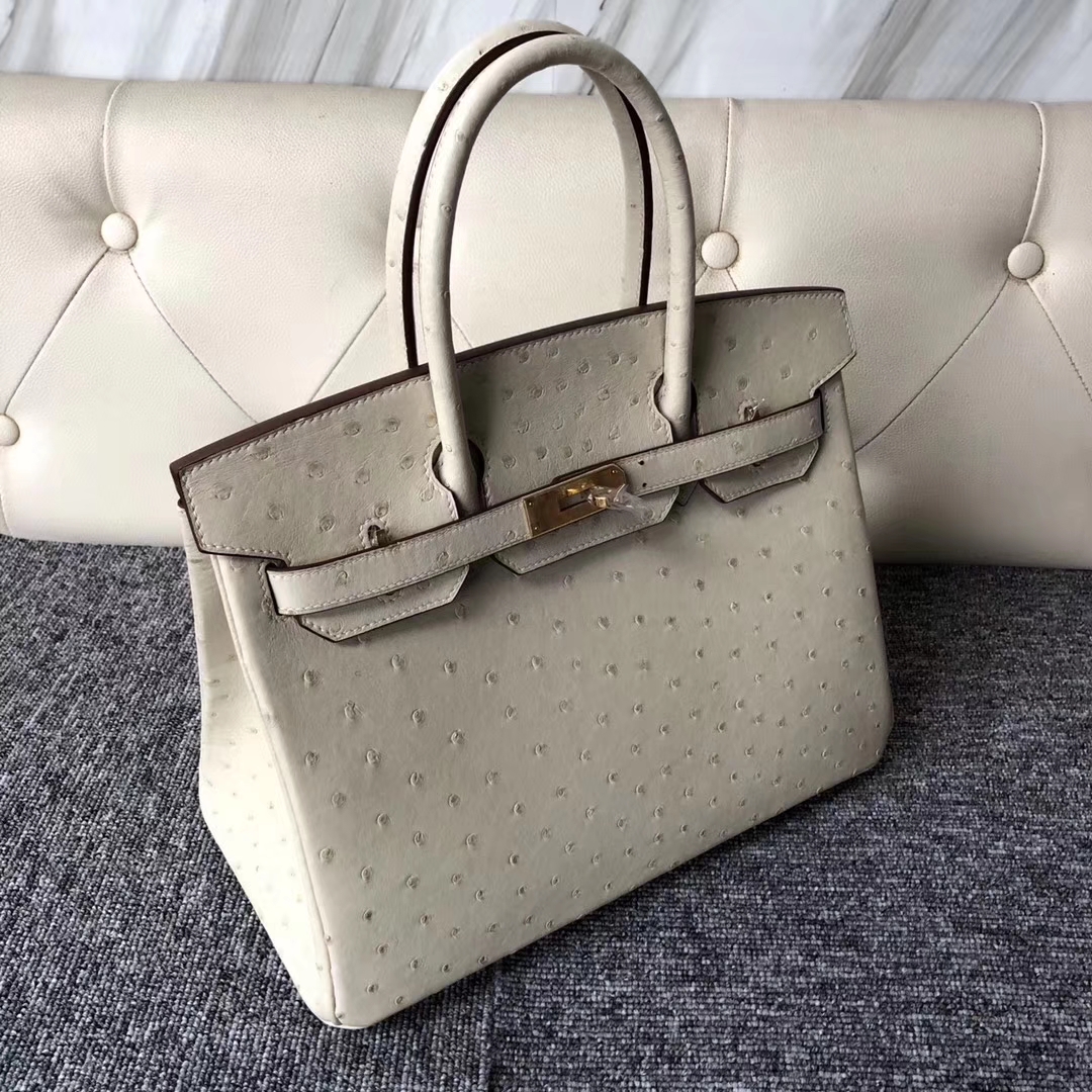 Stock Hermes 3C Wool White Ostrich Leather Birkin30CM Bag Gold Hardware