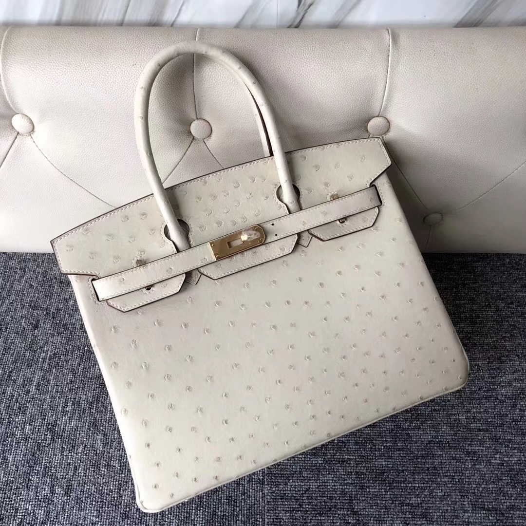 Stock Hermes 3C Wool White Ostrich Leather Birkin30CM Bag Gold Hardware