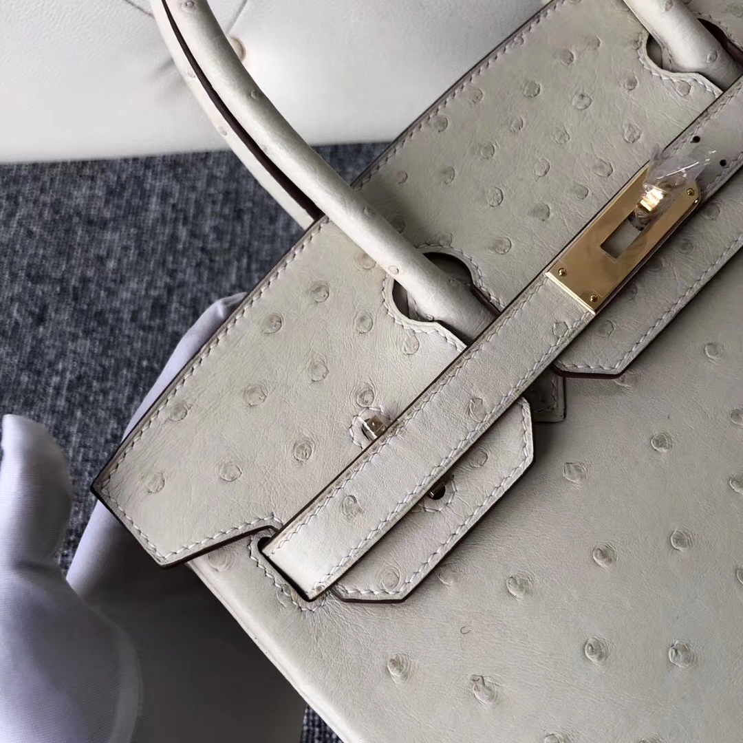 Stock Hermes 3C Wool White Ostrich Leather Birkin30CM Bag Gold Hardware