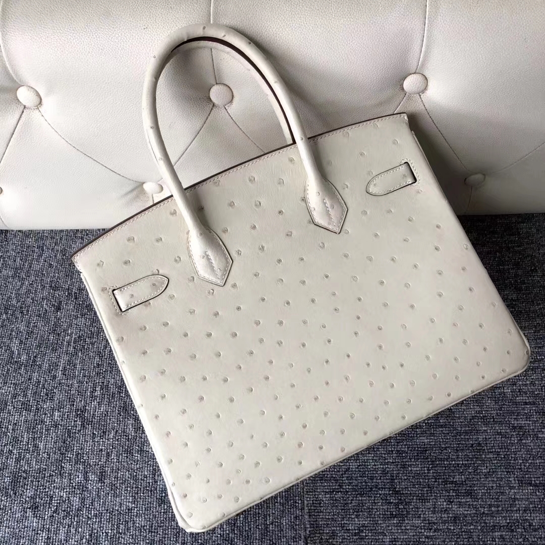 Stock Hermes 3C Wool White Ostrich Leather Birkin30CM Bag Gold Hardware