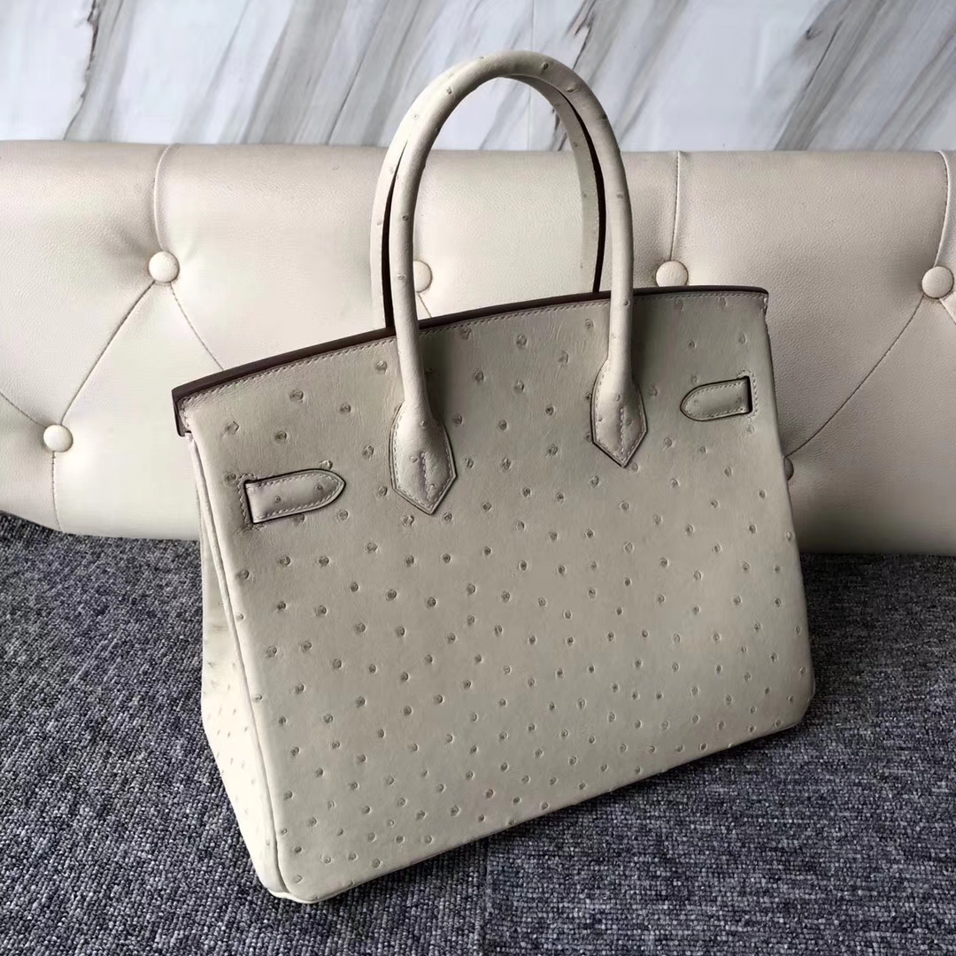 Stock Hermes 3C Wool White Ostrich Leather Birkin30CM Bag Gold Hardware