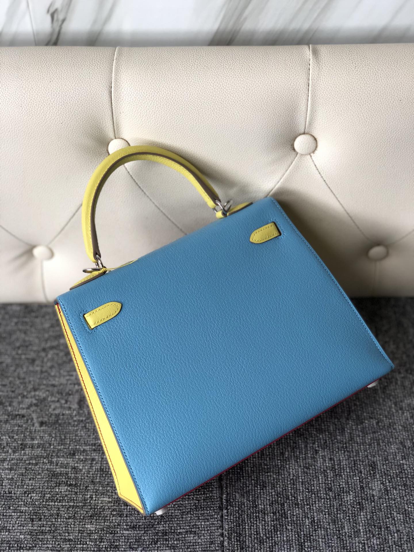 Customize Hermes Tri-color Chever Leather Kelly25cm Bag Silver Hardware