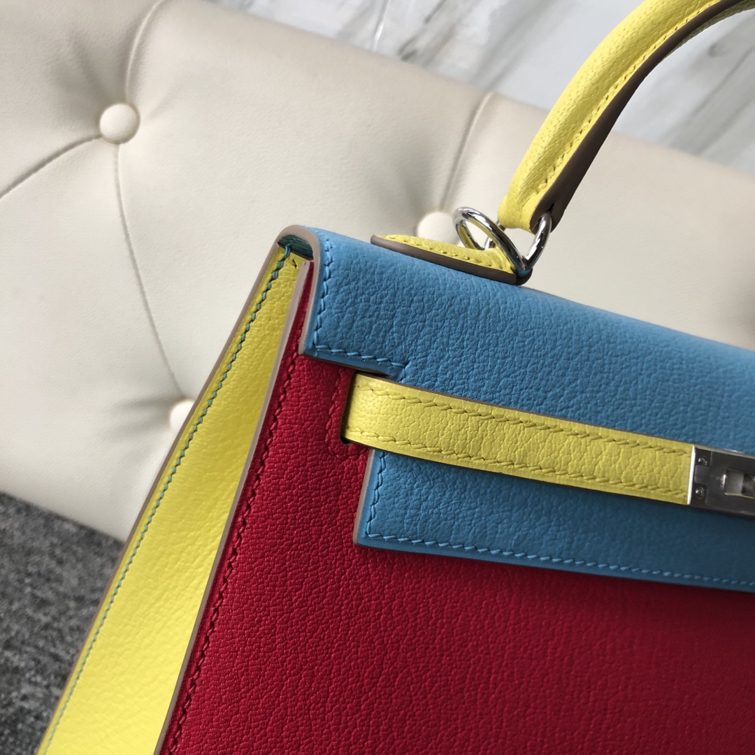Customize Hermes Tri-color Chever Leather Kelly25cm Bag Silver Hardware