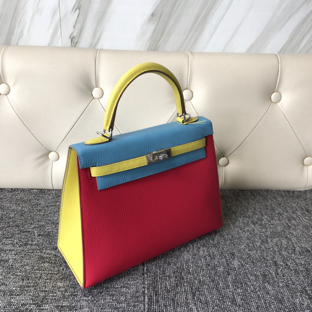 Customize Hermes Tri-color Chever Leather Kelly25cm Bag Silver Hardware