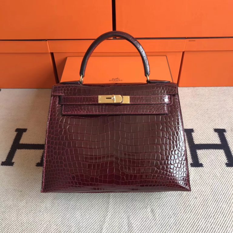Hermes CK57 Bordeaux Crocodile Shiny Leather Kelly 28cm Bag