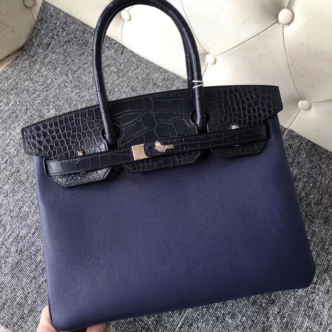New Hermes Touch Birkin Bag Matt Crocodile/Chevre Leather Birkin30CM in Dark Blue