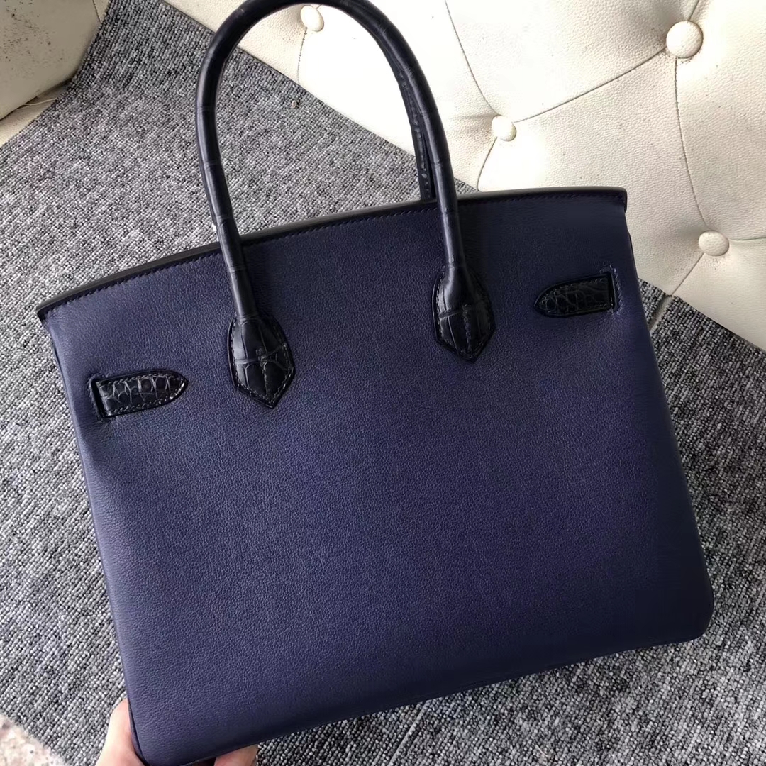 New Hermes Touch Birkin Bag Matt Crocodile/Chevre Leather Birkin30CM in Dark Blue