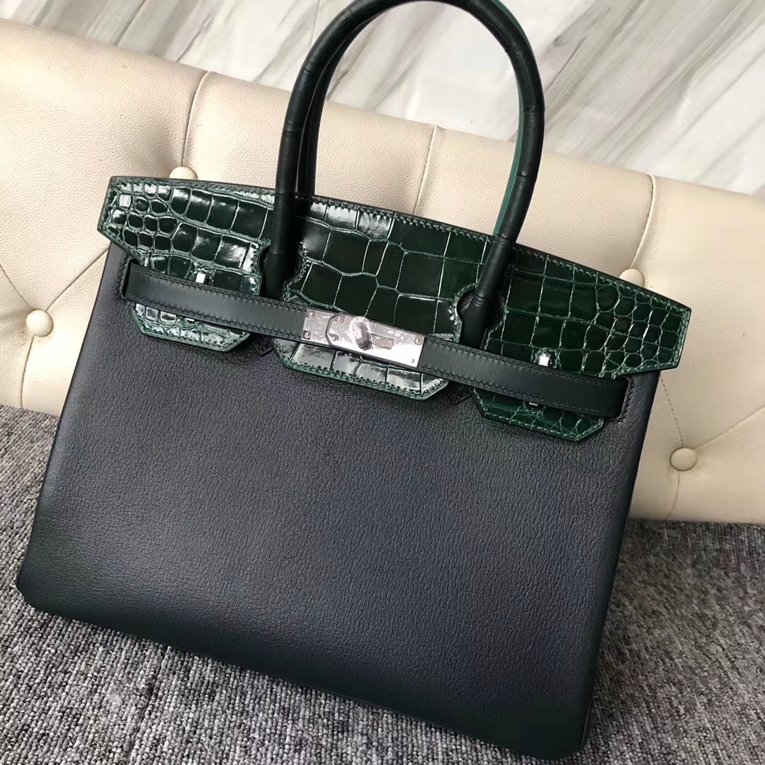 Discount Hermes Multi-color Shiny Crocodile/Chevre Leather Birkin30CM Bag Silver Hardware