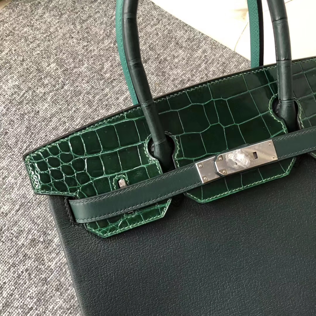 Discount Hermes Multi-color Shiny Crocodile/Chevre Leather Birkin30CM Bag Silver Hardware