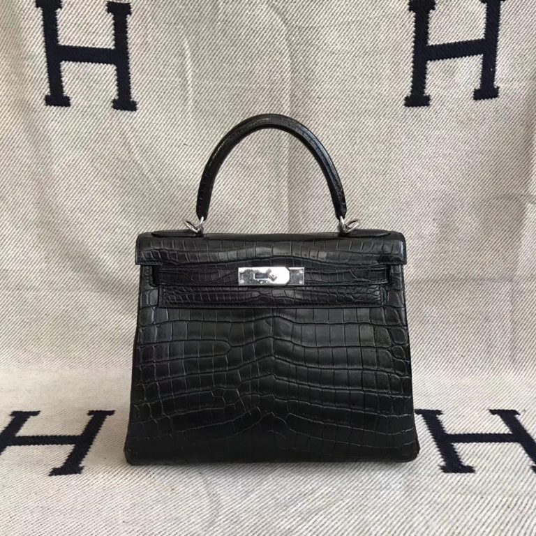 Hermes Matt Crocodile Kelly 28cm Handbag in CK89 Black Silver Hardware