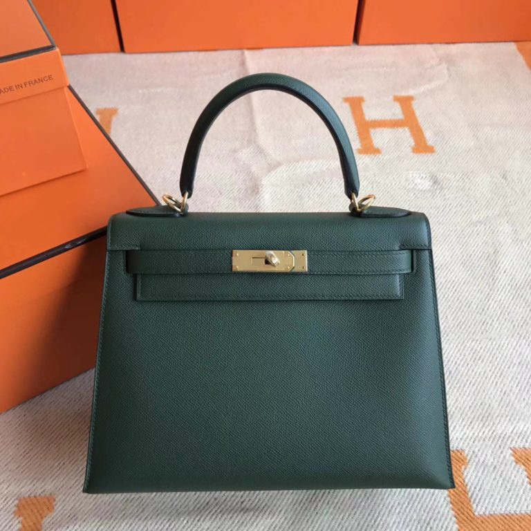 Hermes 2Q English Green Epsom Leather Kelly 28cm Bag Womens Handbag