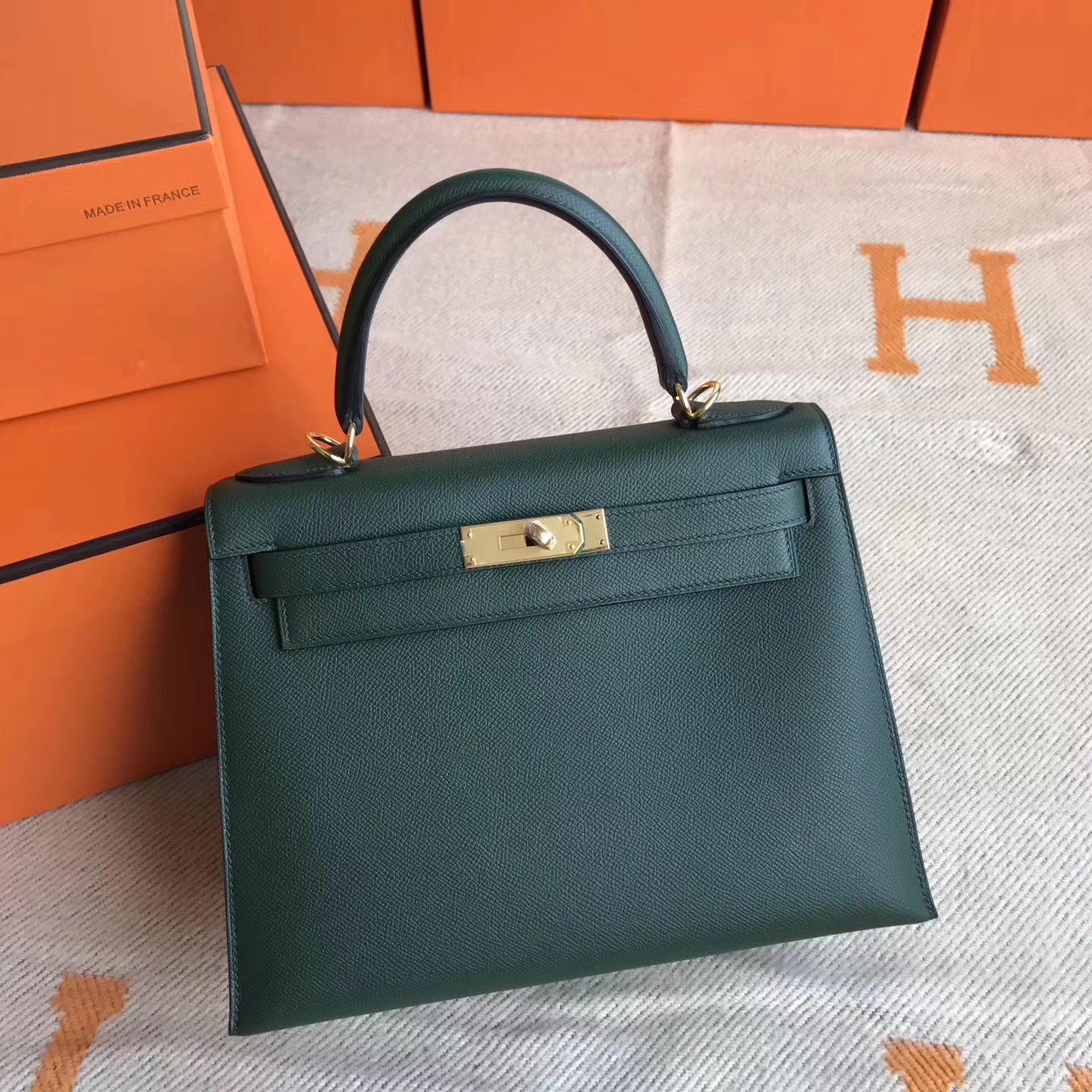 Discount Hermes 2Q English Green Epsom Leather Kelly28cm Bag Women’s Handbag