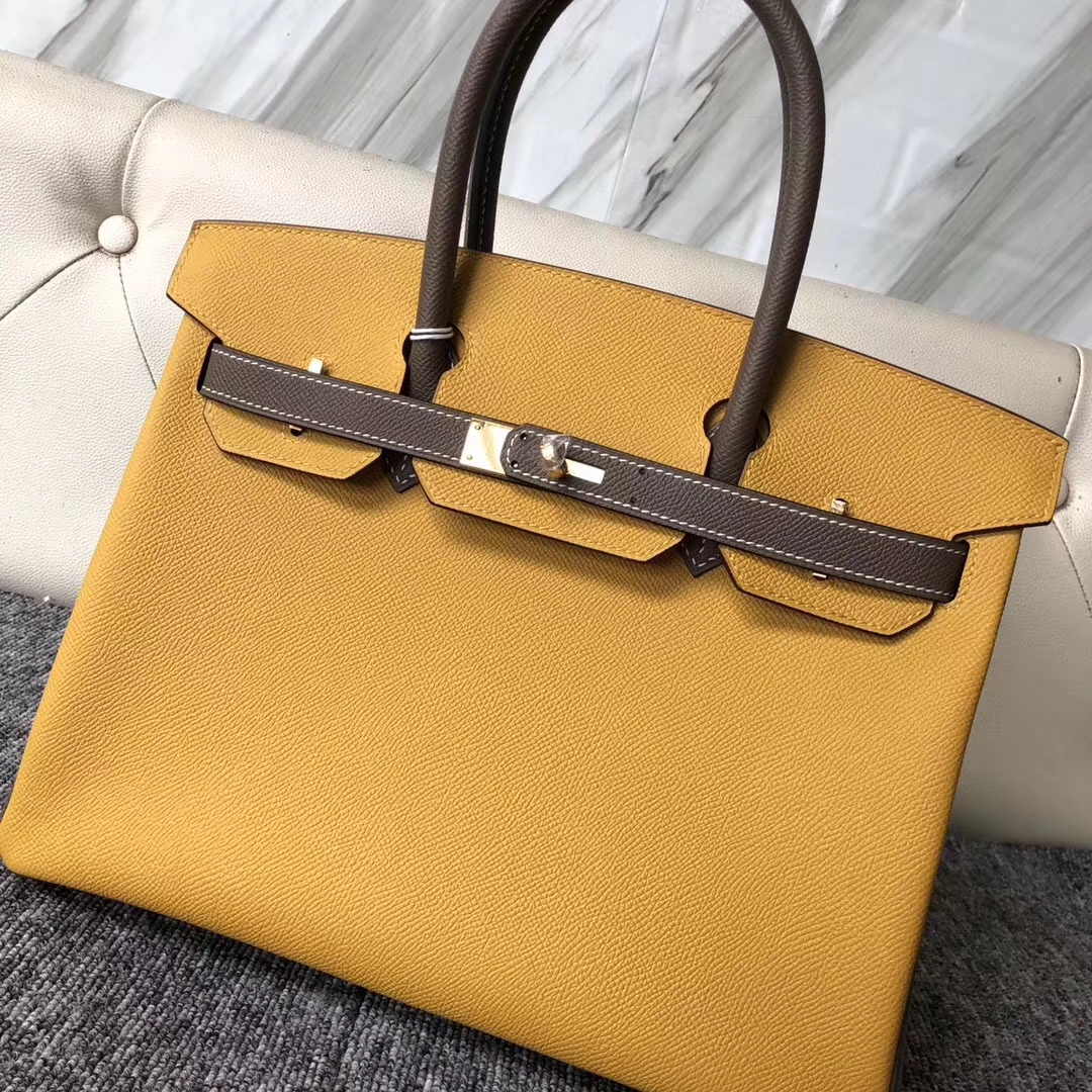 Fashion Hermes 9D Ambre/CK18 Etoupe Epsom Calf Birkin Bag30CM Gold Hardware
