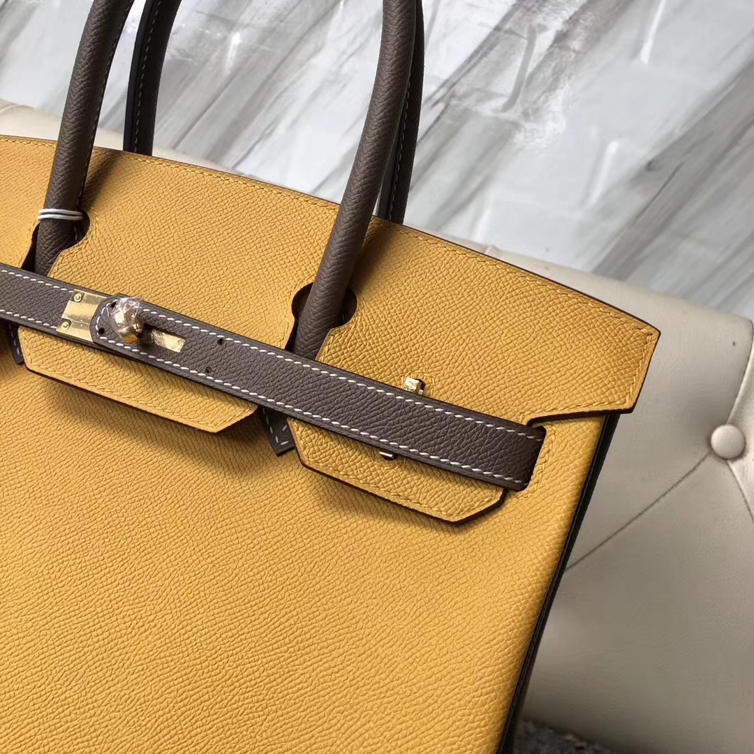 Fashion Hermes 9D Ambre/CK18 Etoupe Epsom Calf Birkin Bag30CM Gold Hardware