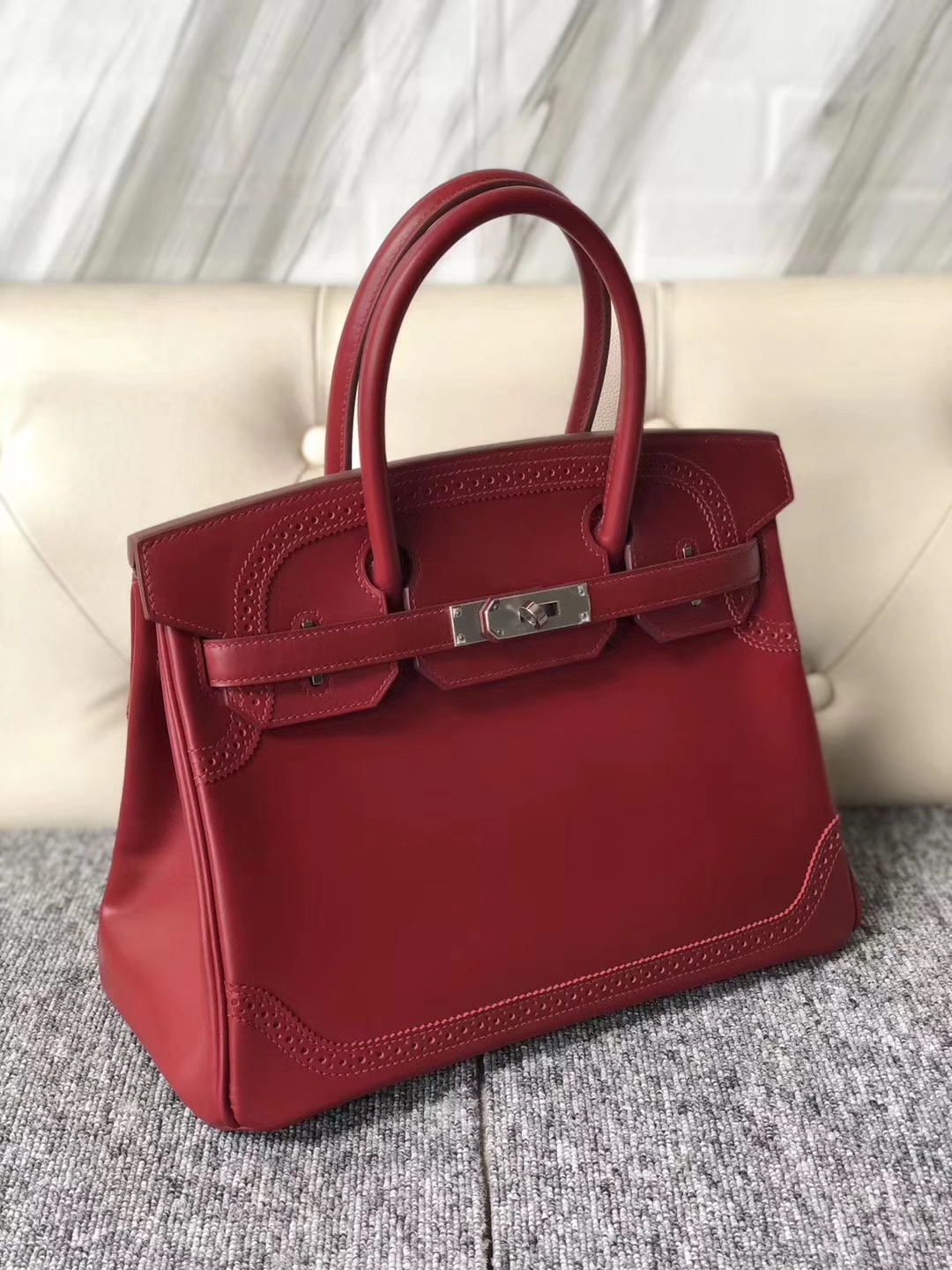 New Hermes Rouge Ruby Boxcalf Ghillies Birkin Bag30cm Silver Hardware