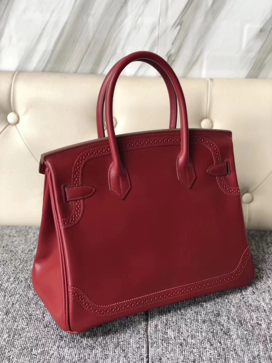New Hermes Rouge Ruby Boxcalf Ghillies Birkin Bag30cm Silver Hardware