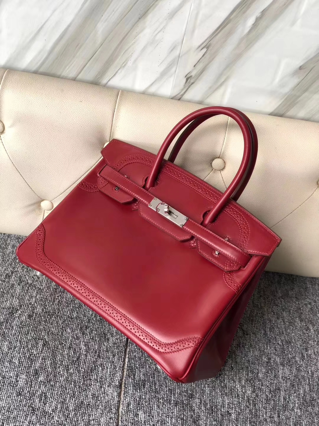 New Hermes Rouge Ruby Boxcalf Ghillies Birkin Bag30cm Silver Hardware