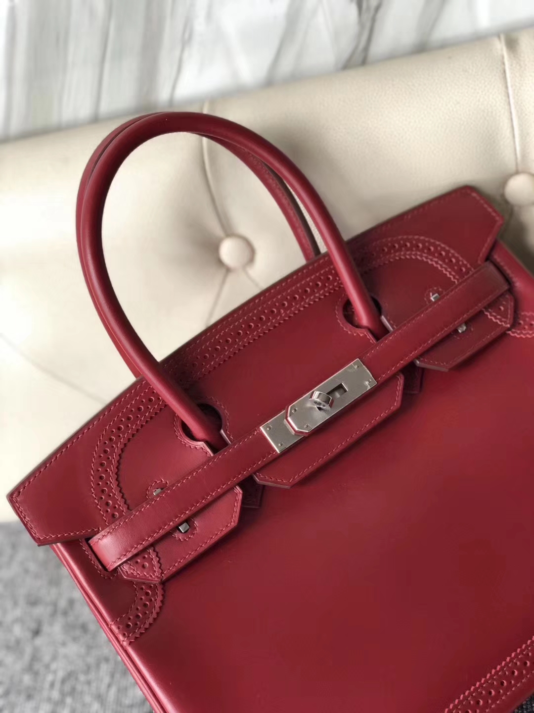 New Hermes Rouge Ruby Boxcalf Ghillies Birkin Bag30cm Silver Hardware