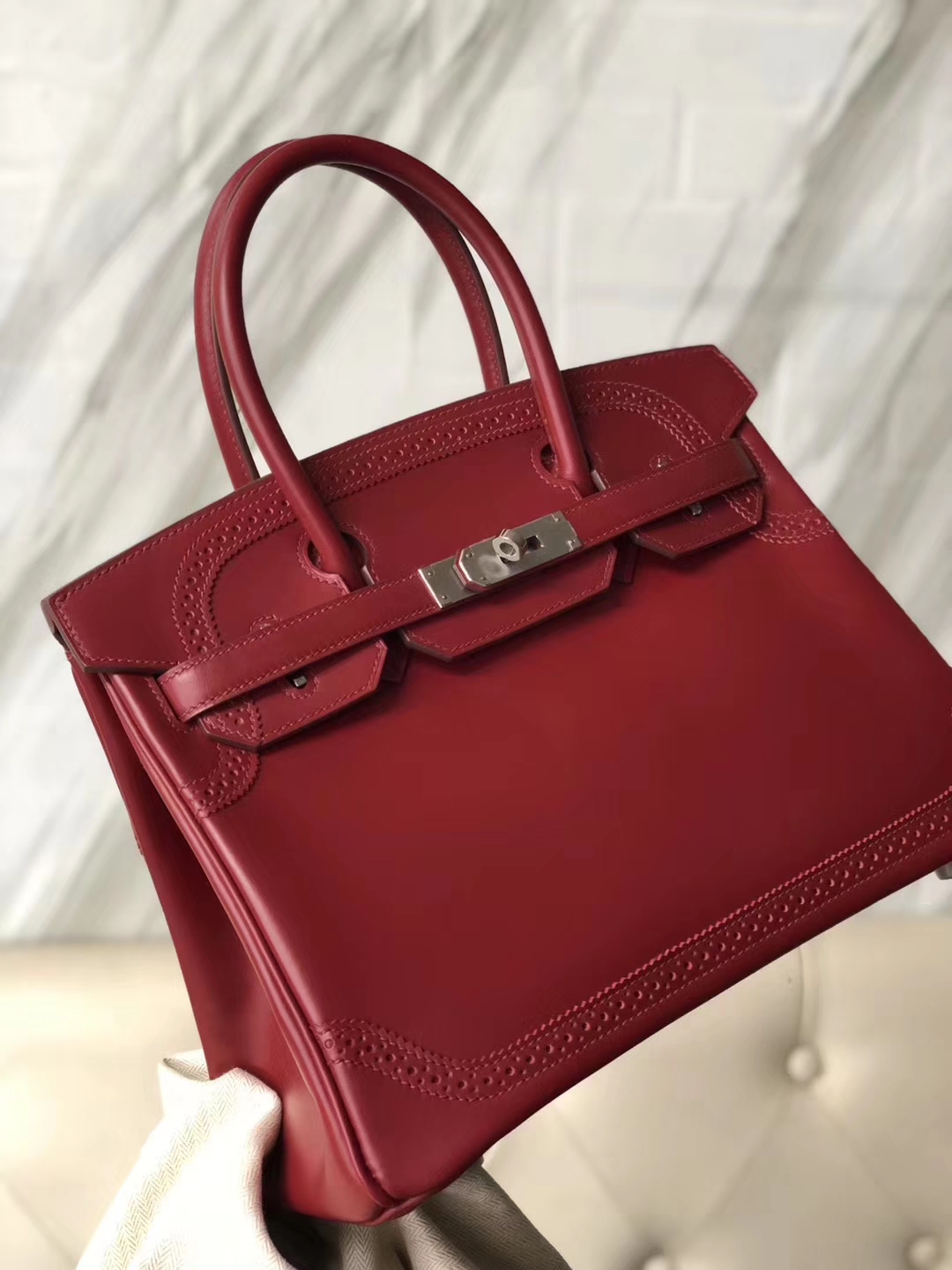 New Hermes Rouge Ruby Boxcalf Ghillies Birkin Bag30cm Silver Hardware