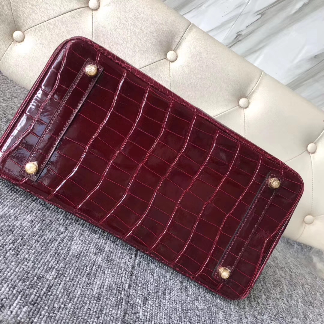 Customize Hermes F5 Rouge Bourgogne Shiny Crocodile Birkin30cm Bag Gold Hardware