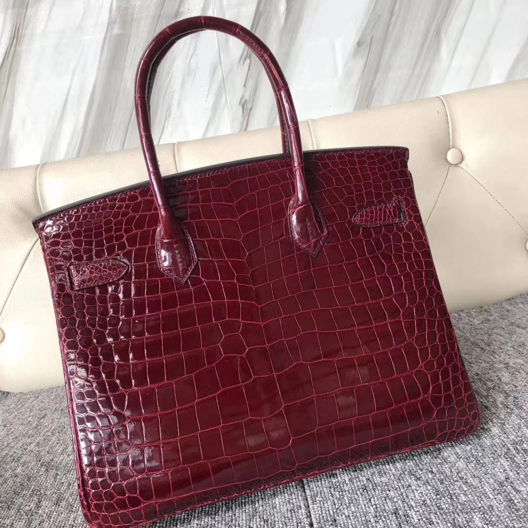 Customize Hermes F5 Rouge Bourgogne Shiny Crocodile Birkin30cm Bag Gold Hardware